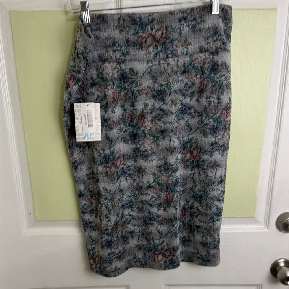 (1983) LuLaRoe Gray Floral Pencil Skirt with Pink and Blue Accents